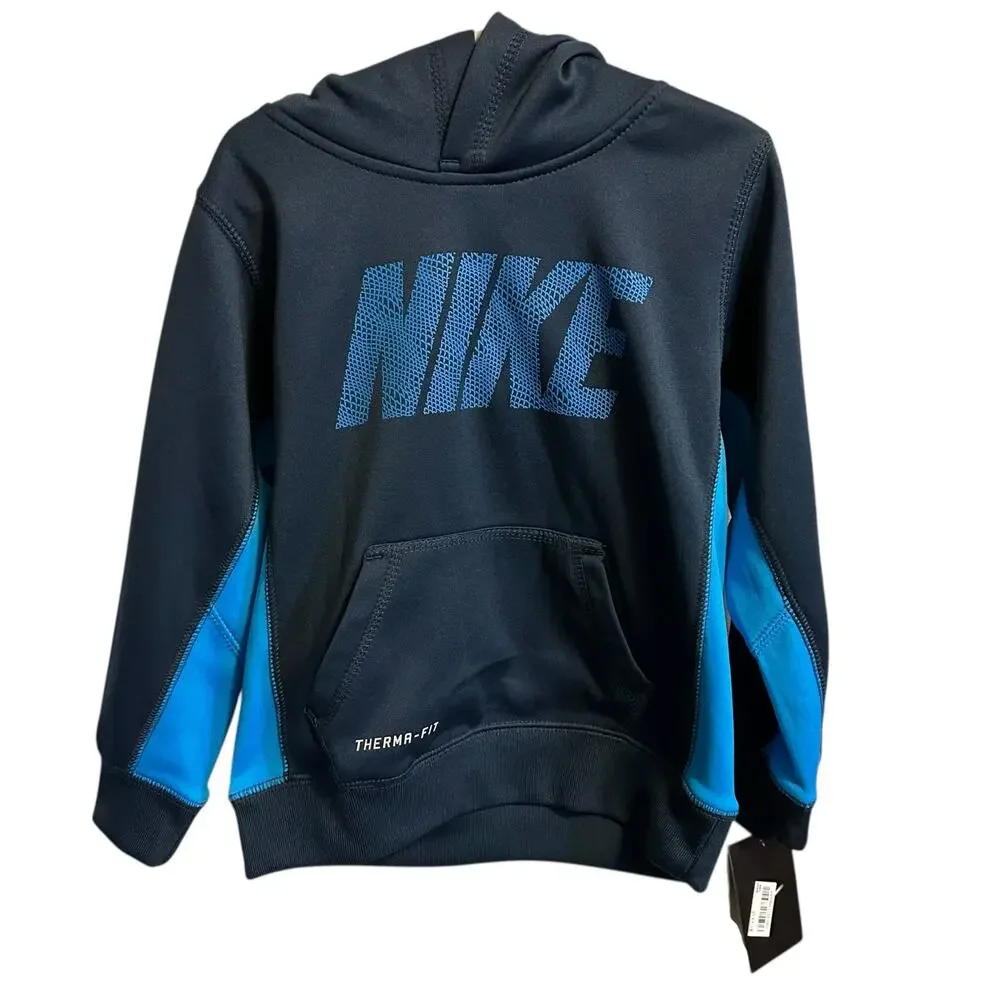 NIKE Therma-Fit Blue Two Tone Logo Pullover Hoodie Boys Size 4 NWT Basketball